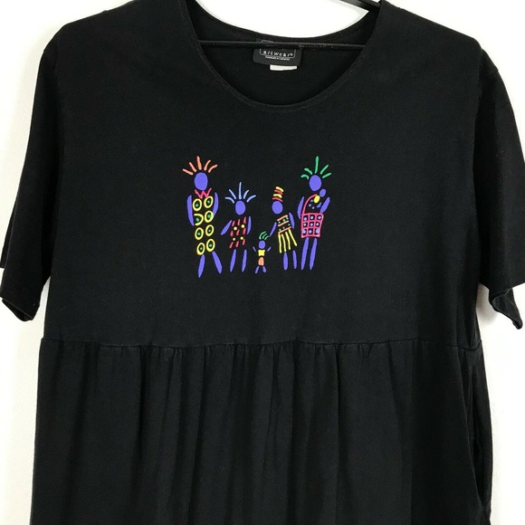 Vintage L.A. Artwear Handpainted Dress Size 2XL Black Cotton Short Sleeve Modest - Picture 2 of 6